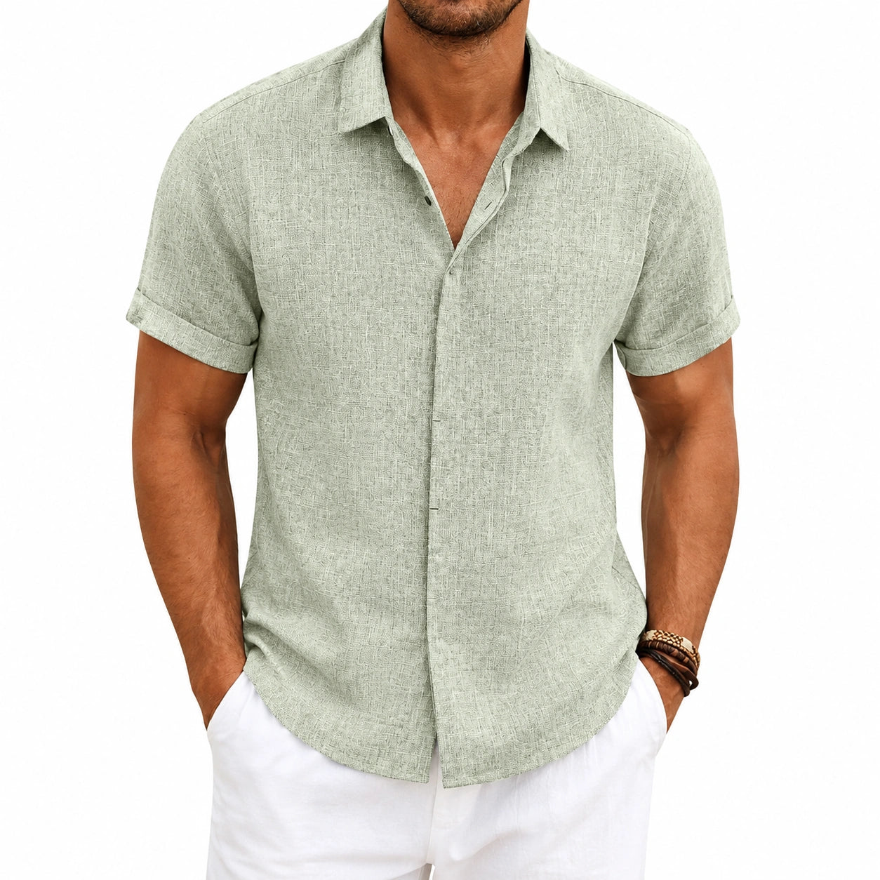 Camicia da uomo M in tessuto effetto lino verde salvia a maniche corte