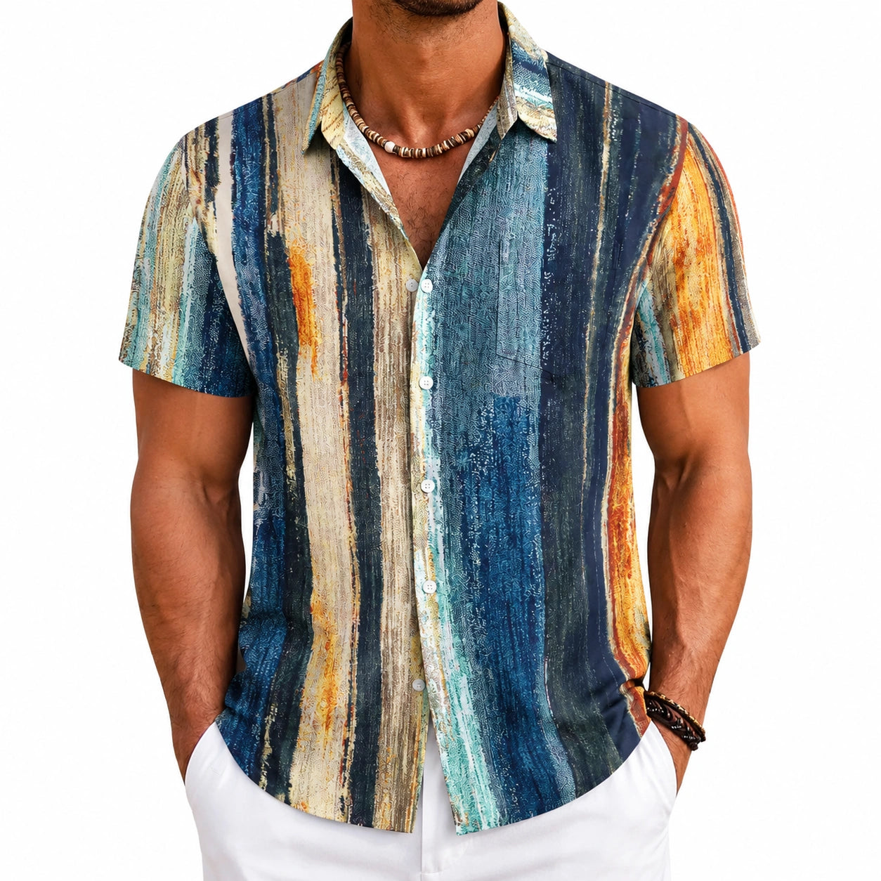 Camicia da uomo taglia M in tessuto leggero multicolore a maniche corte con stampa astratta