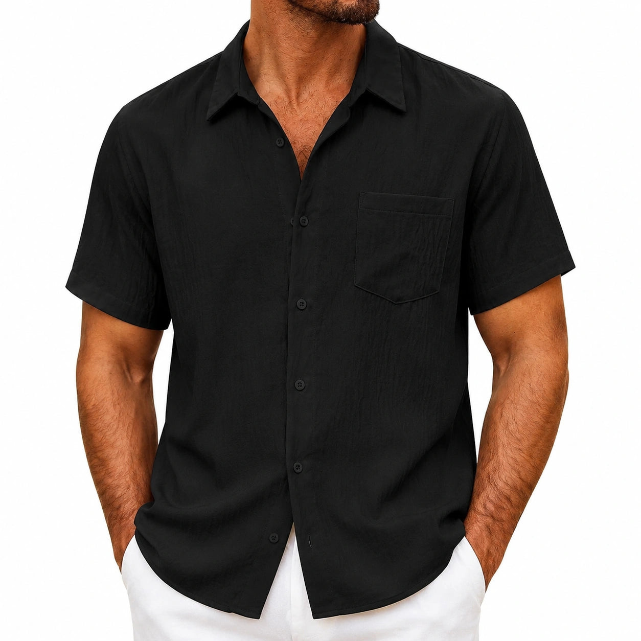 Camicia da uomo taglia M in tessuto nero a maniche corte - stile casual con taschino