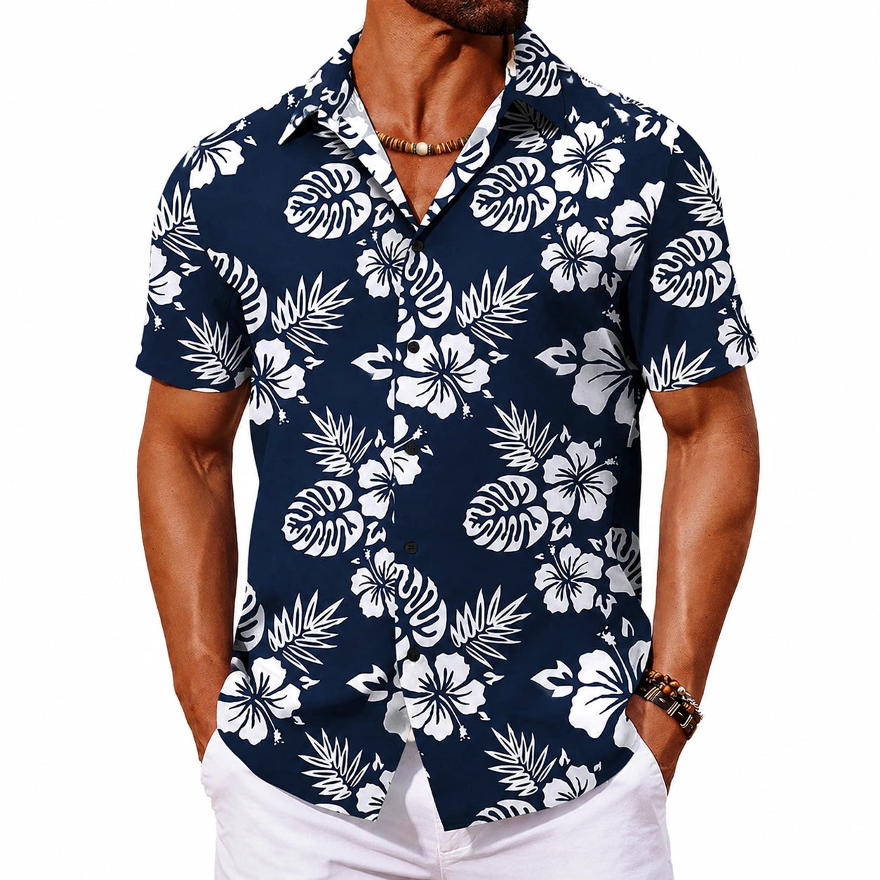Camicia uomo L blu navy con stampa floreale a maniche corte stile hawaiano