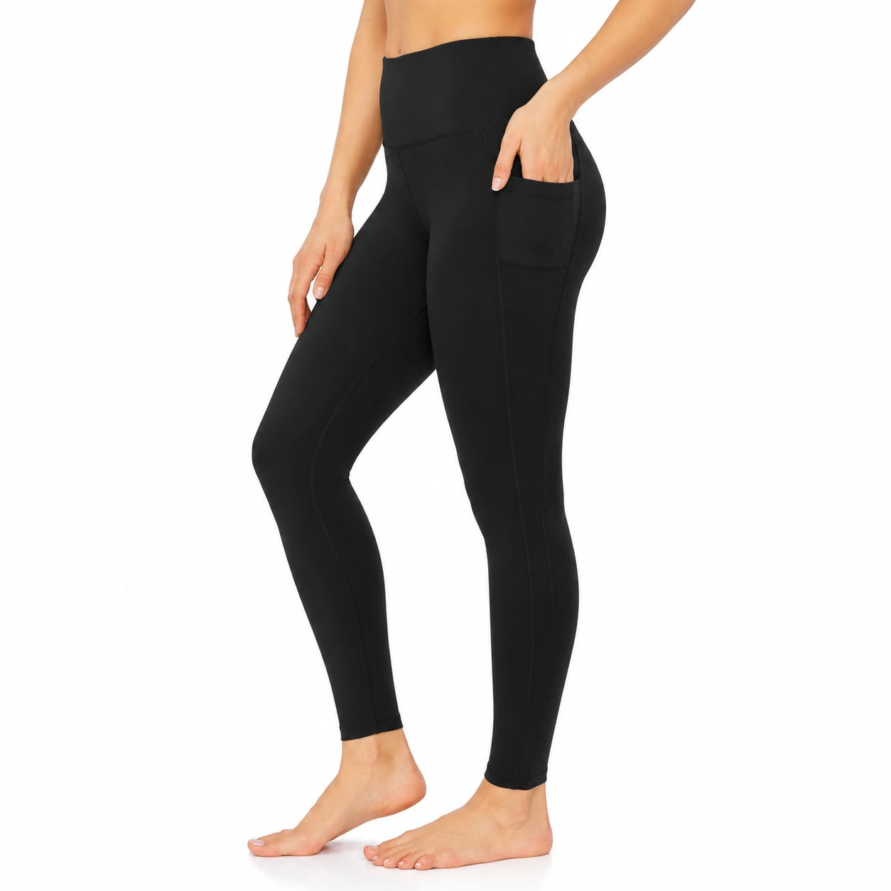 Leggings donna S neri in tessuto elasticizzato a vita alta con tasche laterali per fitness