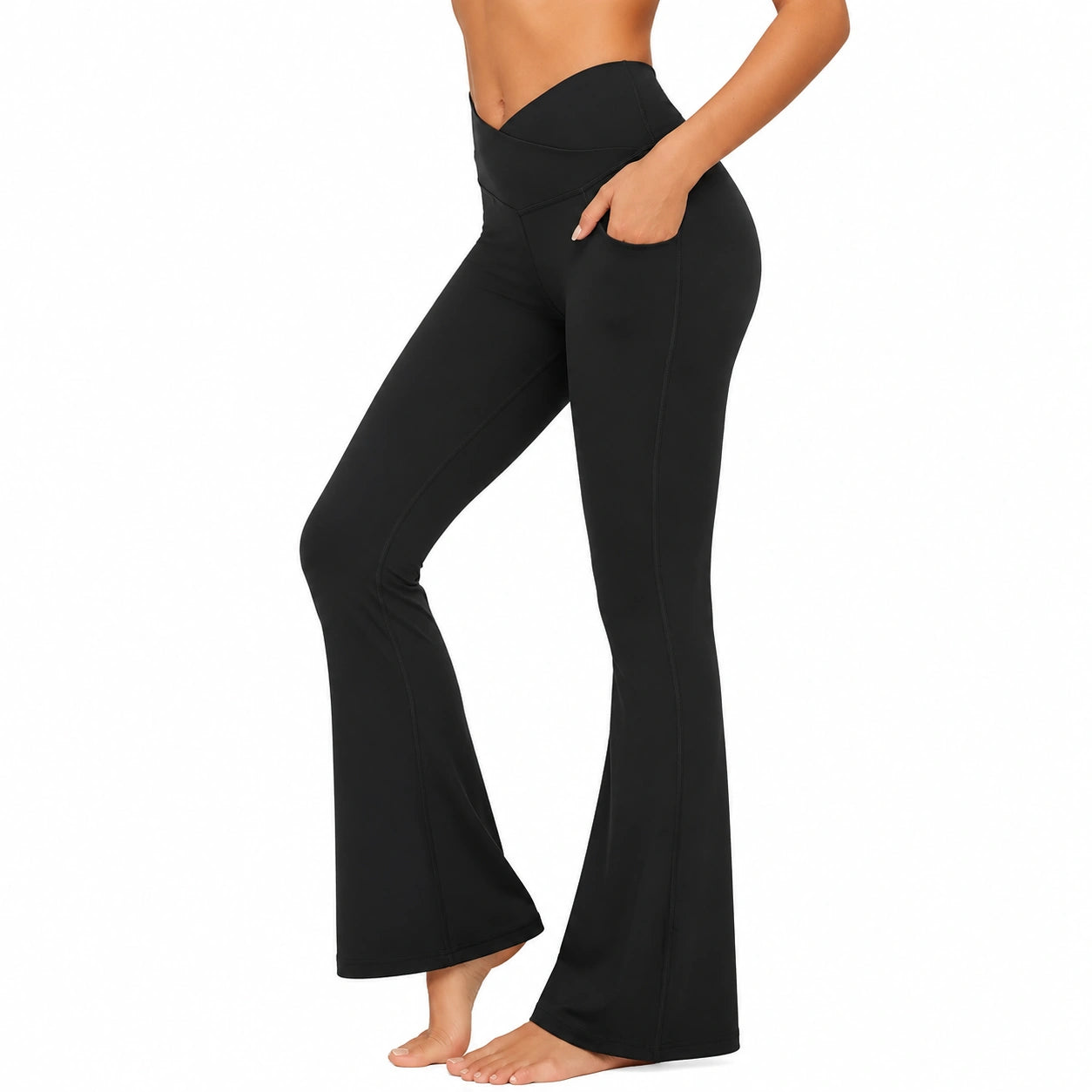 Pantaloni yoga donna taglia S in tessuto elasticizzato nero a zampa con tasche