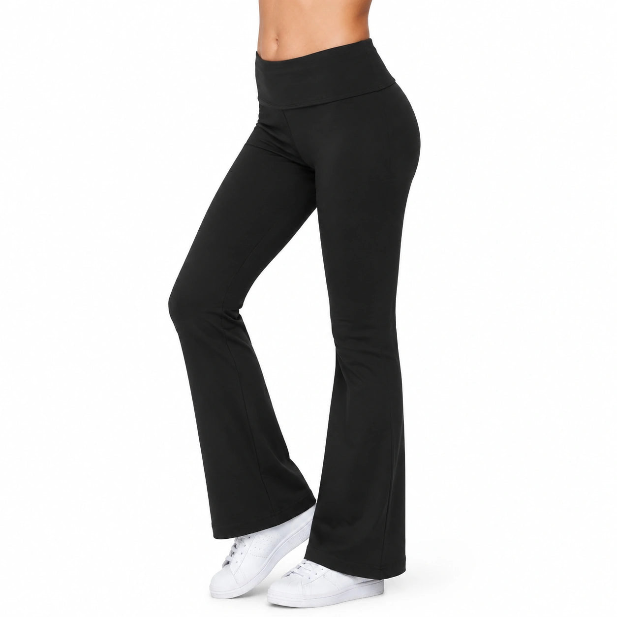 Pantaloni da donna S neri in tessuto elasticizzato a vita alta con gamba svasata