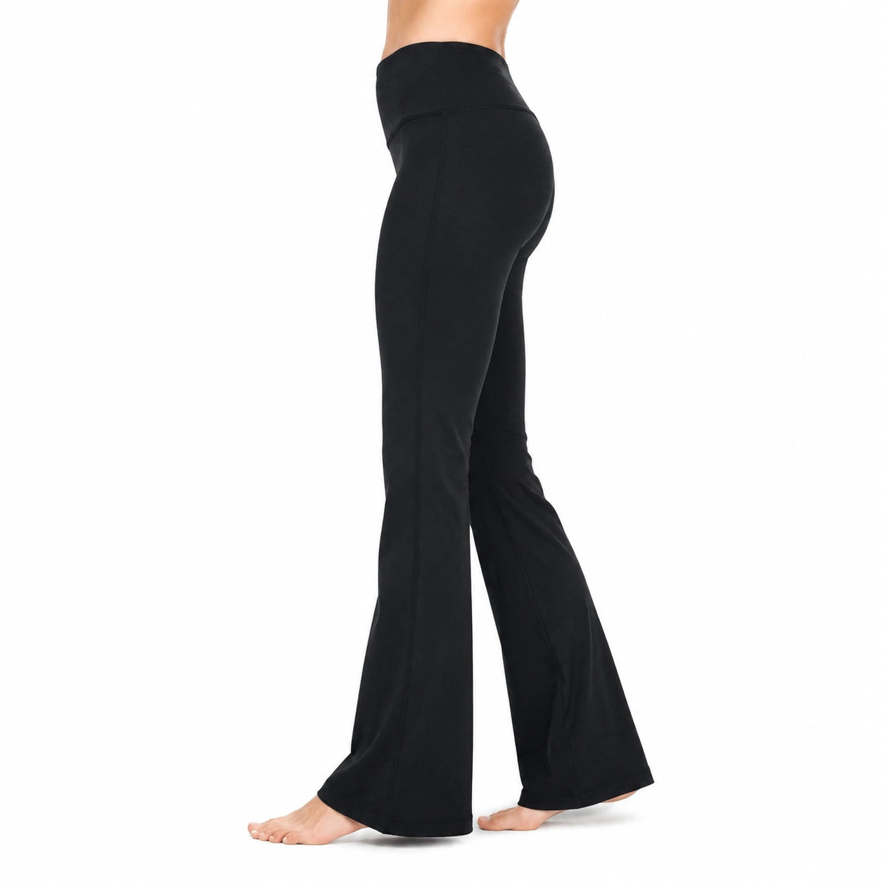 Pantaloni da donna taglia M in tessuto elasticizzato nero a vita alta con gamba svasata