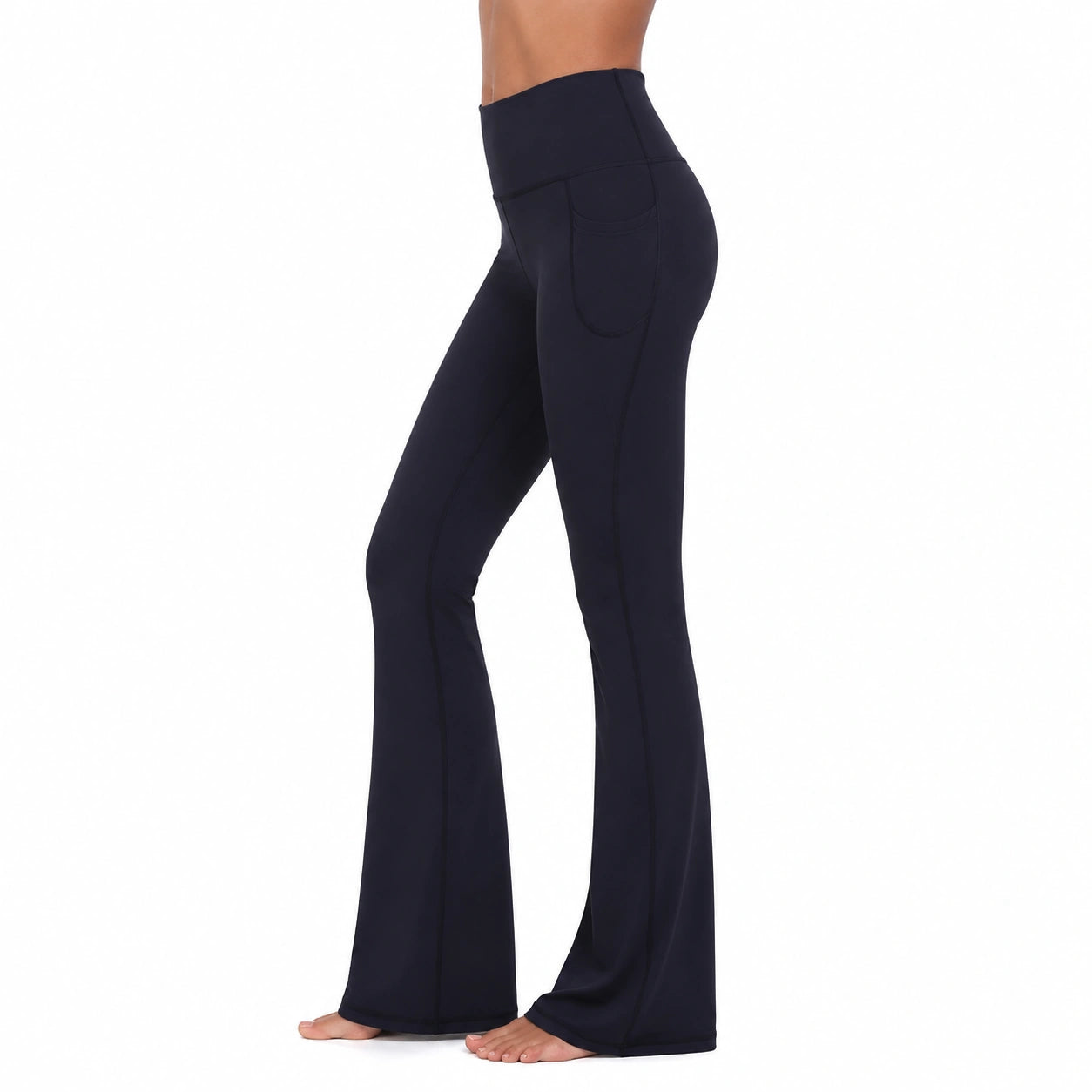 Pantaloni yoga donna taglia M in tessuto elasticizzato blu navy a vita alta con gamba svasata