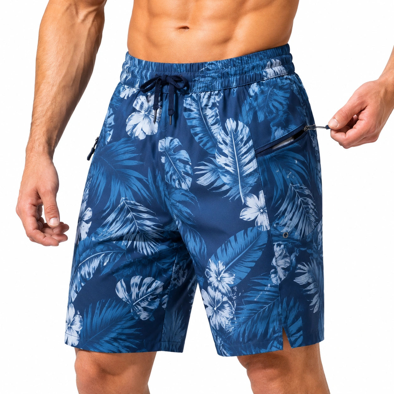 Costume da bagno uomo M in tessuto sintetico blu con stampa tropicale - tasche con zip e coulisse