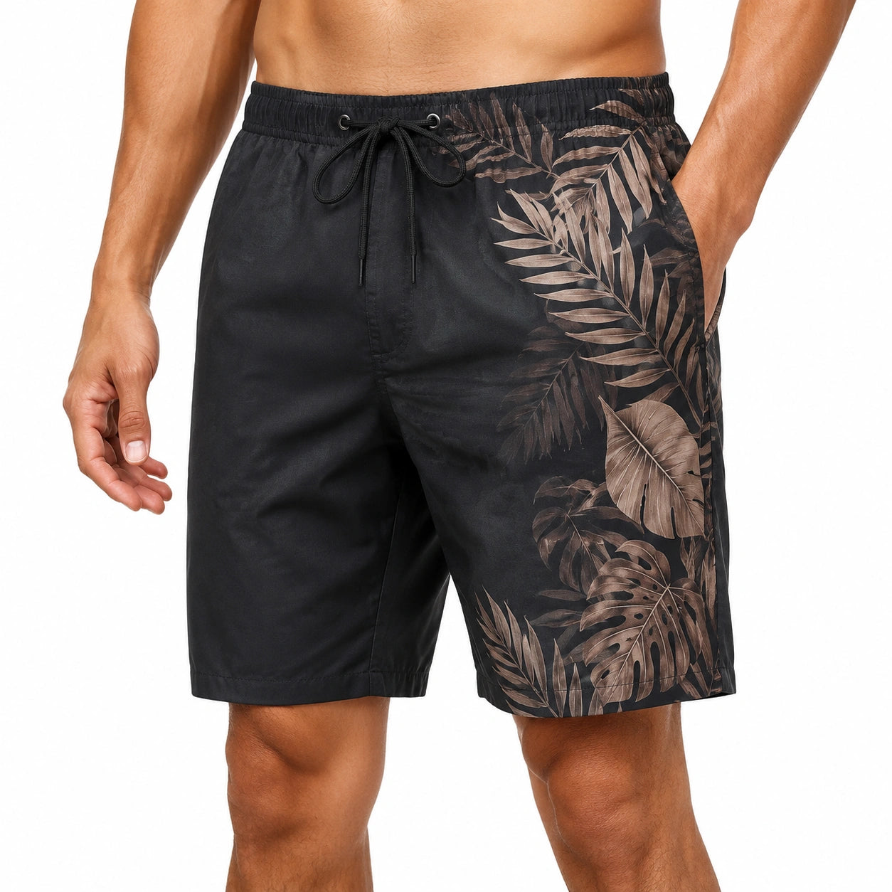 Costume da bagno uomo taglia M nero con stampa foglie e coulisse