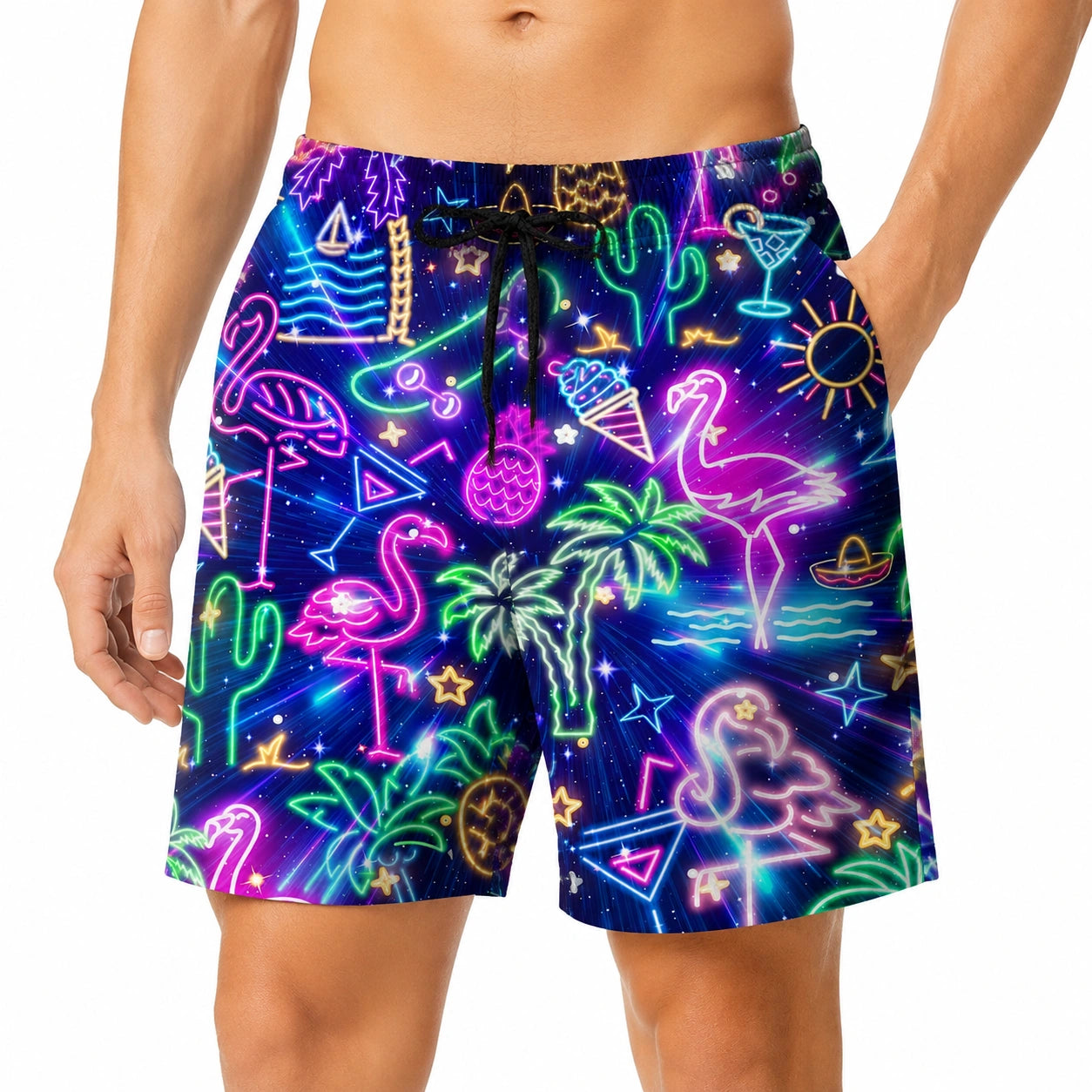 Costume da bagno uomo taglia M con stampa neon multicolore e tasche laterali