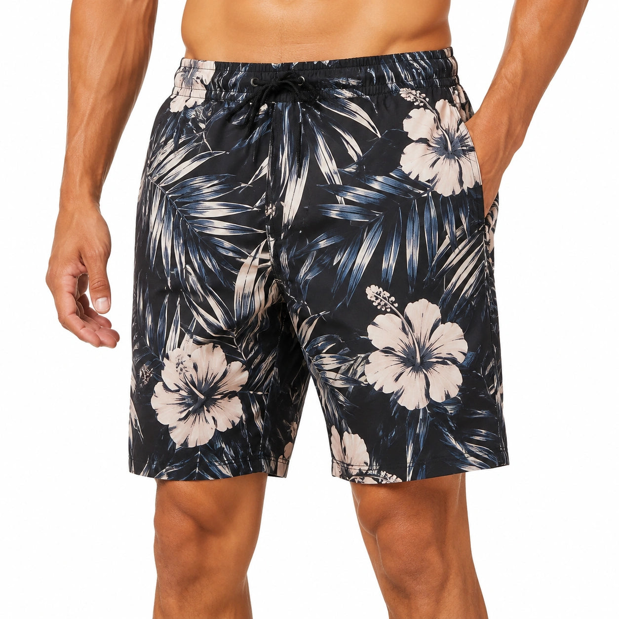 Pantaloncini uomo M in tessuto nero blu avorio con stampa floreale - stile casual con coulisse e tasche