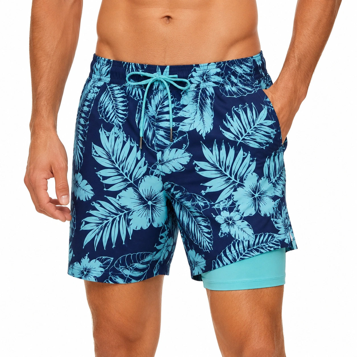 Costume da bagno uomo L in tessuto sintetico blu con stampa floreale e pantaloncino interno