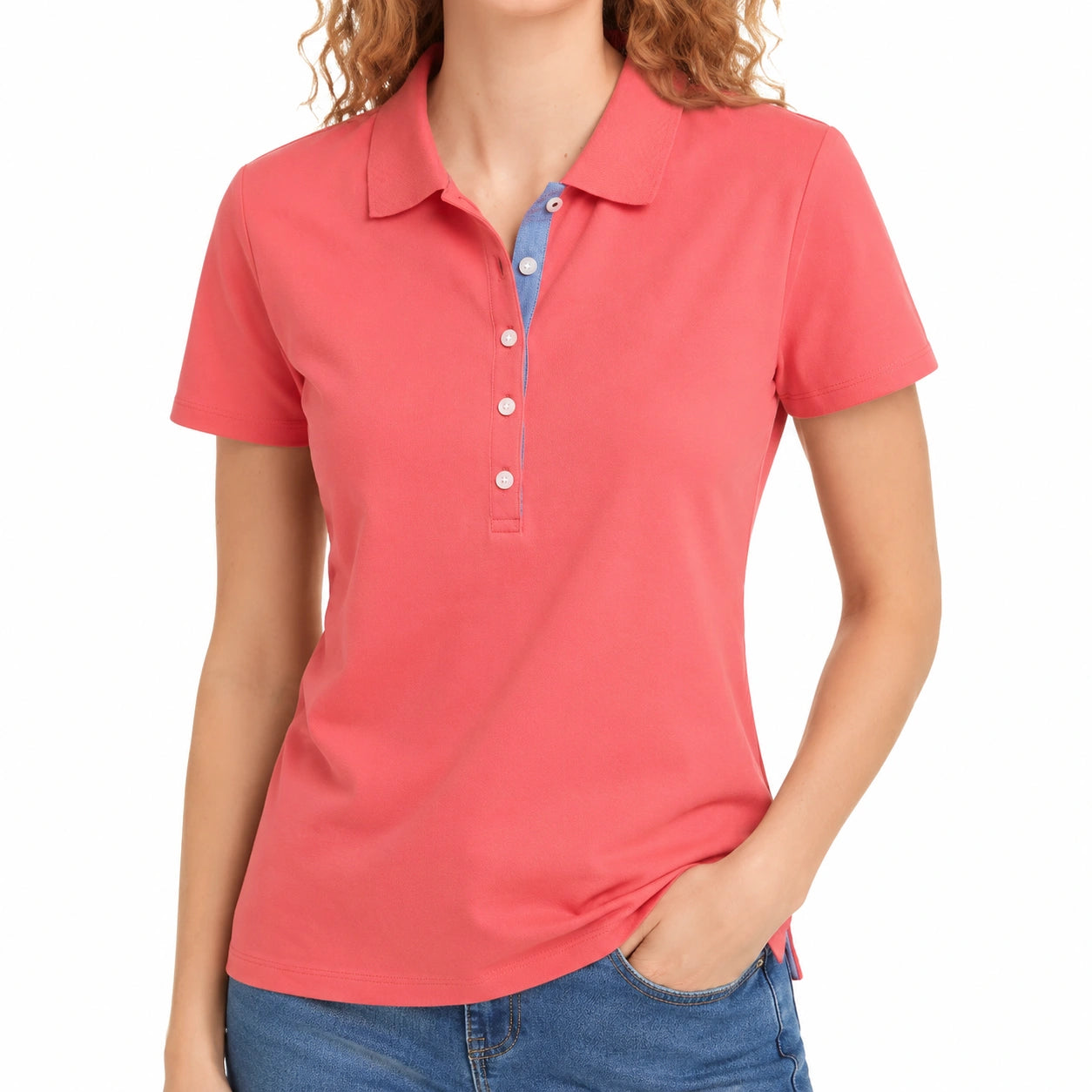 Polo donna taglia S in tessuto a maglia rosa con colletto e maniche corte casual