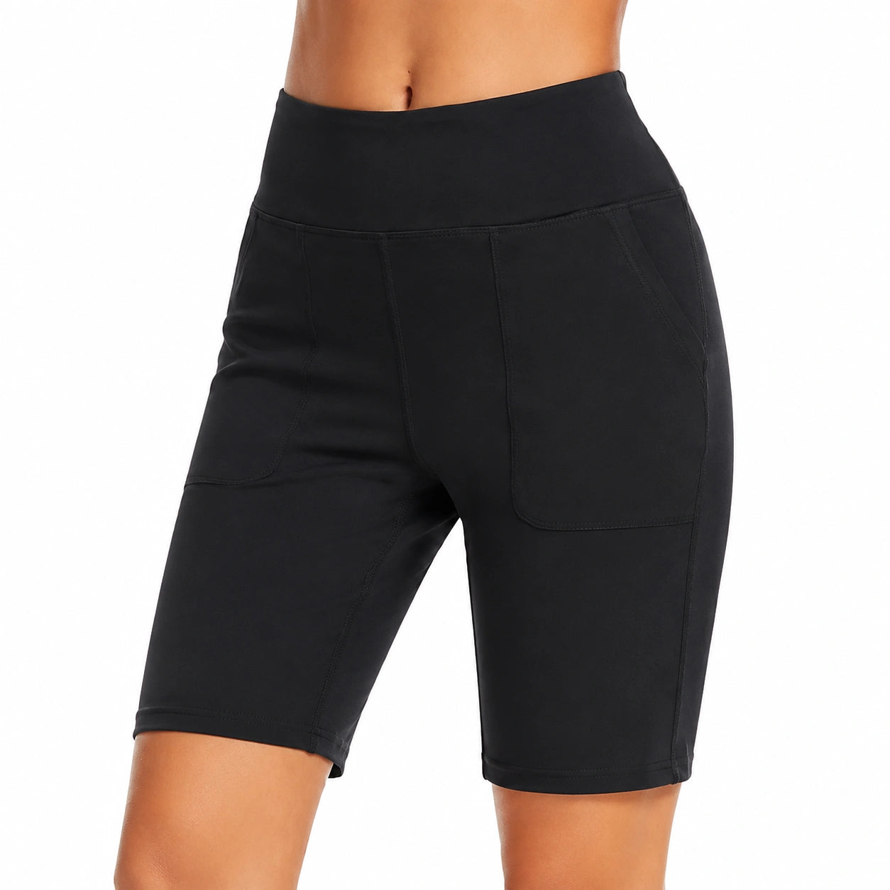 Shorts ciclista donna taglia S neri in tessuto elasticizzato a vita alta con tasche