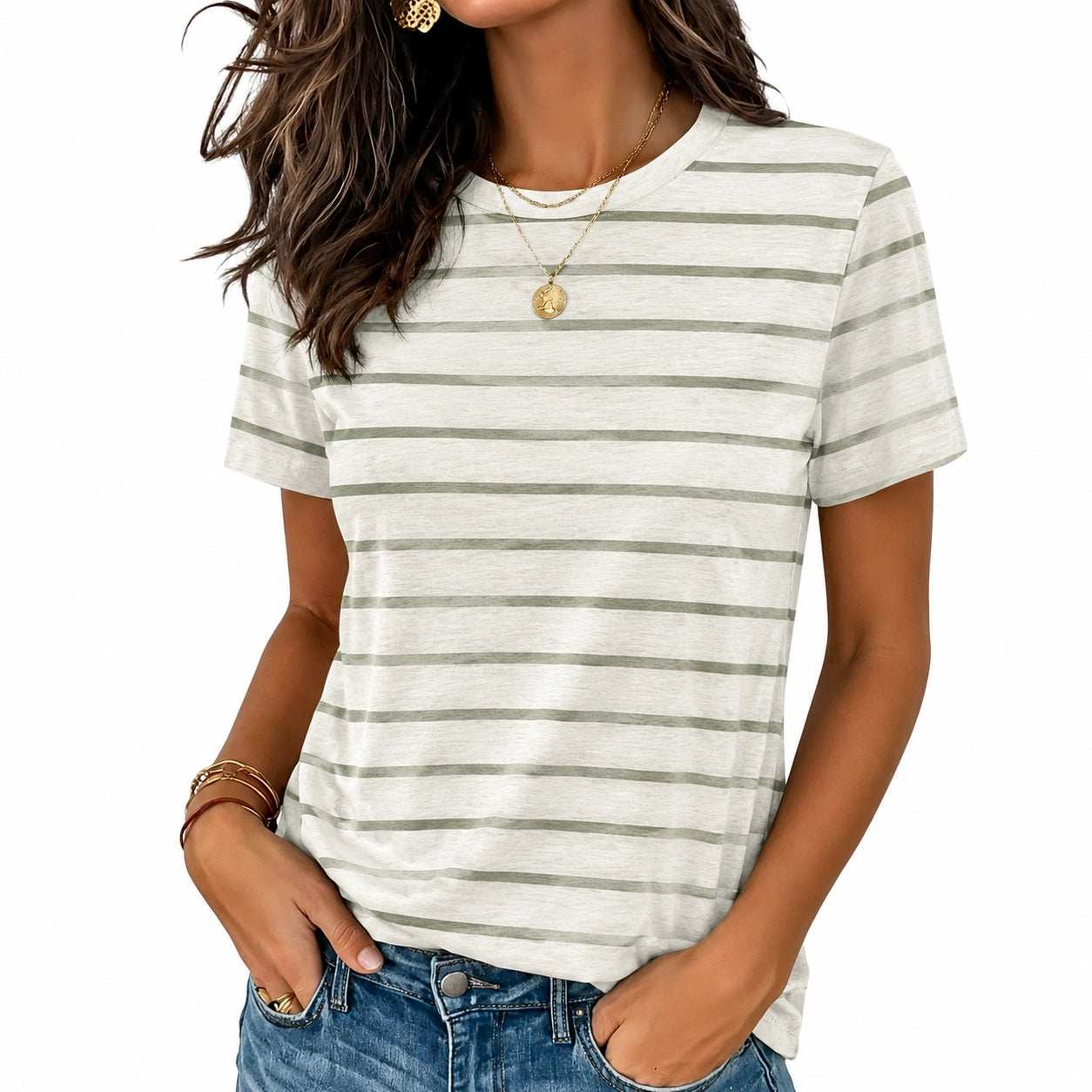 T-shirt donna taglia S in tessuto leggero bianco e verde a righe casual