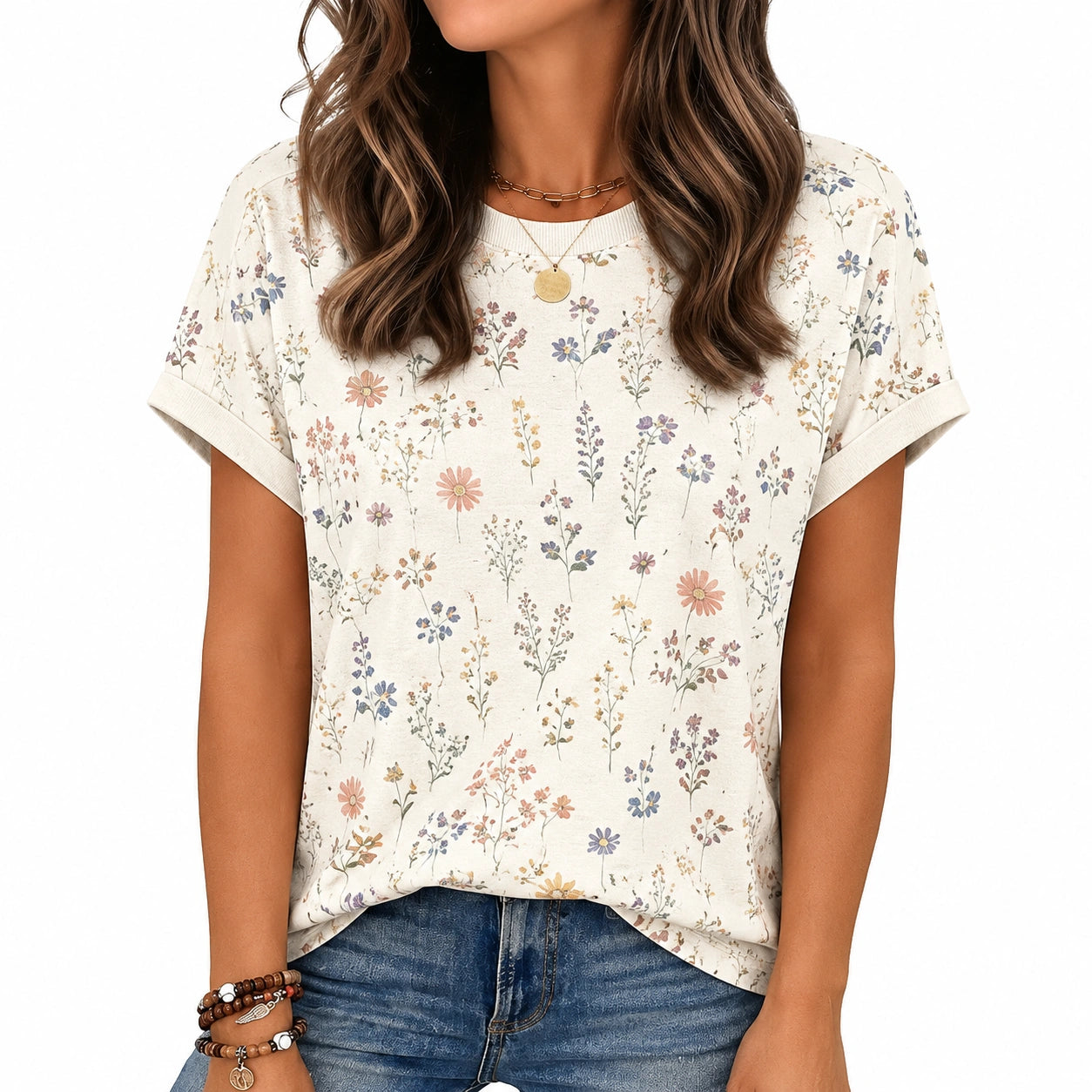 Maglietta donna taglia S in tessuto bianco con stampa floreale - maniche corte stile casual