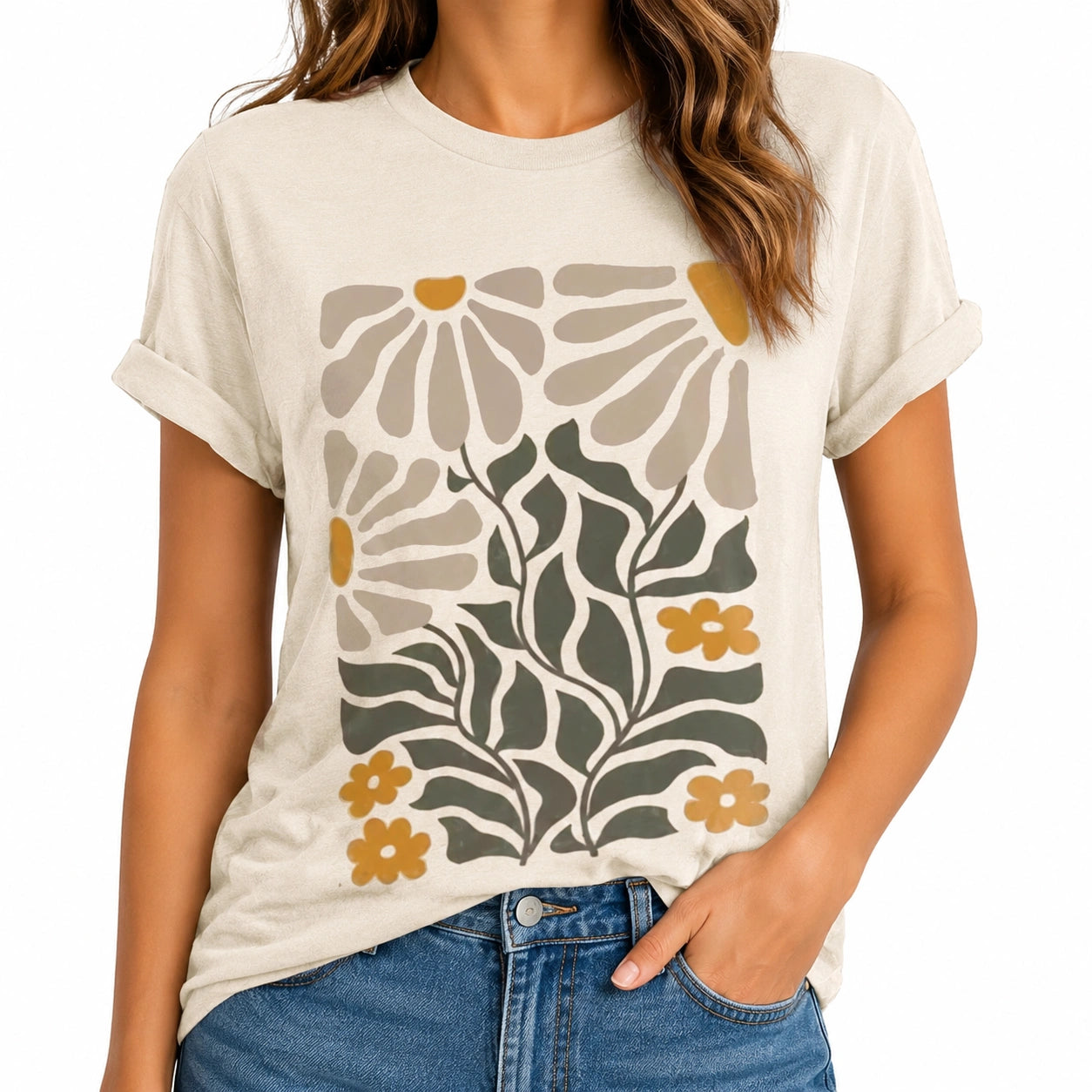 Maglietta donna S in cotone beige con stampa floreale girocollo casual