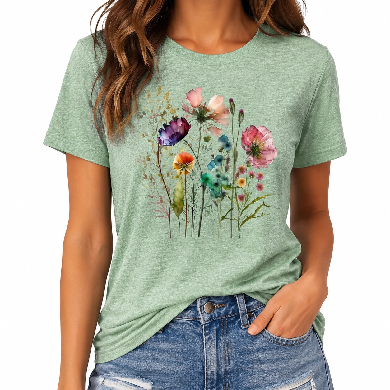 T-shirt donna taglia M in tessuto verde salvia con stampa floreale a maniche corte